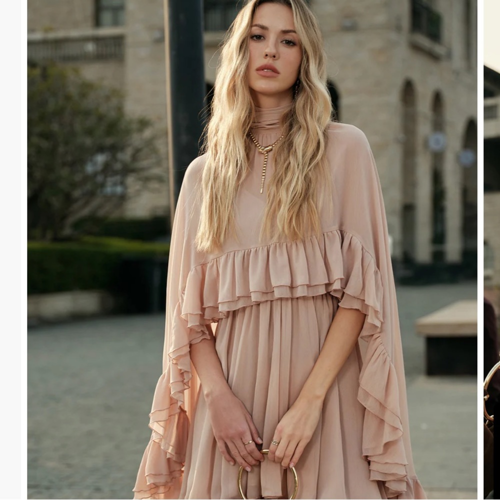 Commense NWT Pink Blush Semi-Sheer Chiffon Ruffle Dress With Outer Cape Set XS